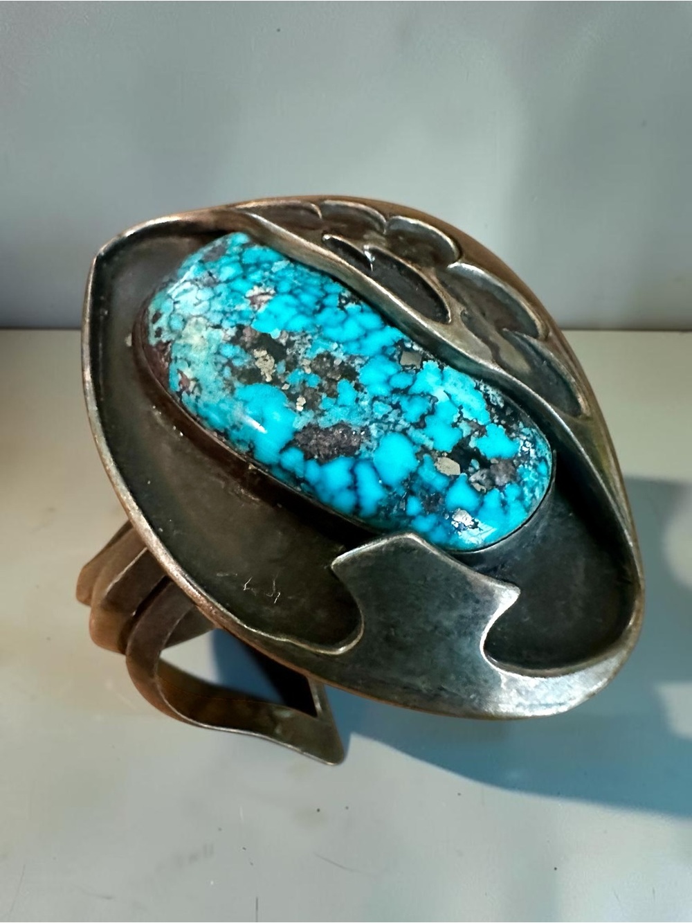 Vintage Sterling Silver Turquoise Sculptural Cuff Bracelet 3.17oz